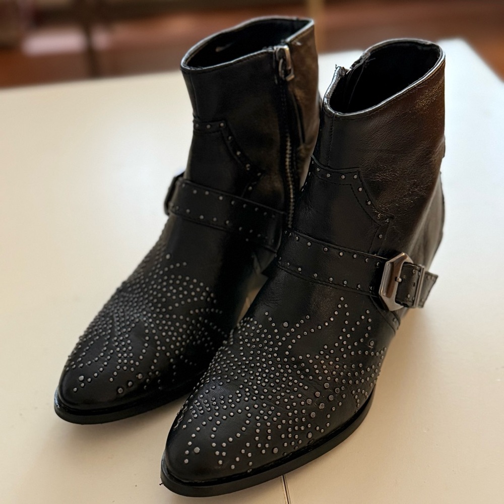 ZARA Black Leather Studded Western Ankle Boots Biker Rock Goth Grunge Booties - Picture 2 of 6